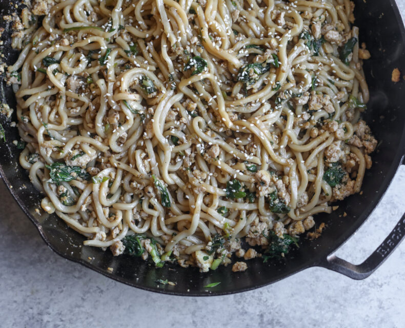 skillet with tofu stir-fry noodles