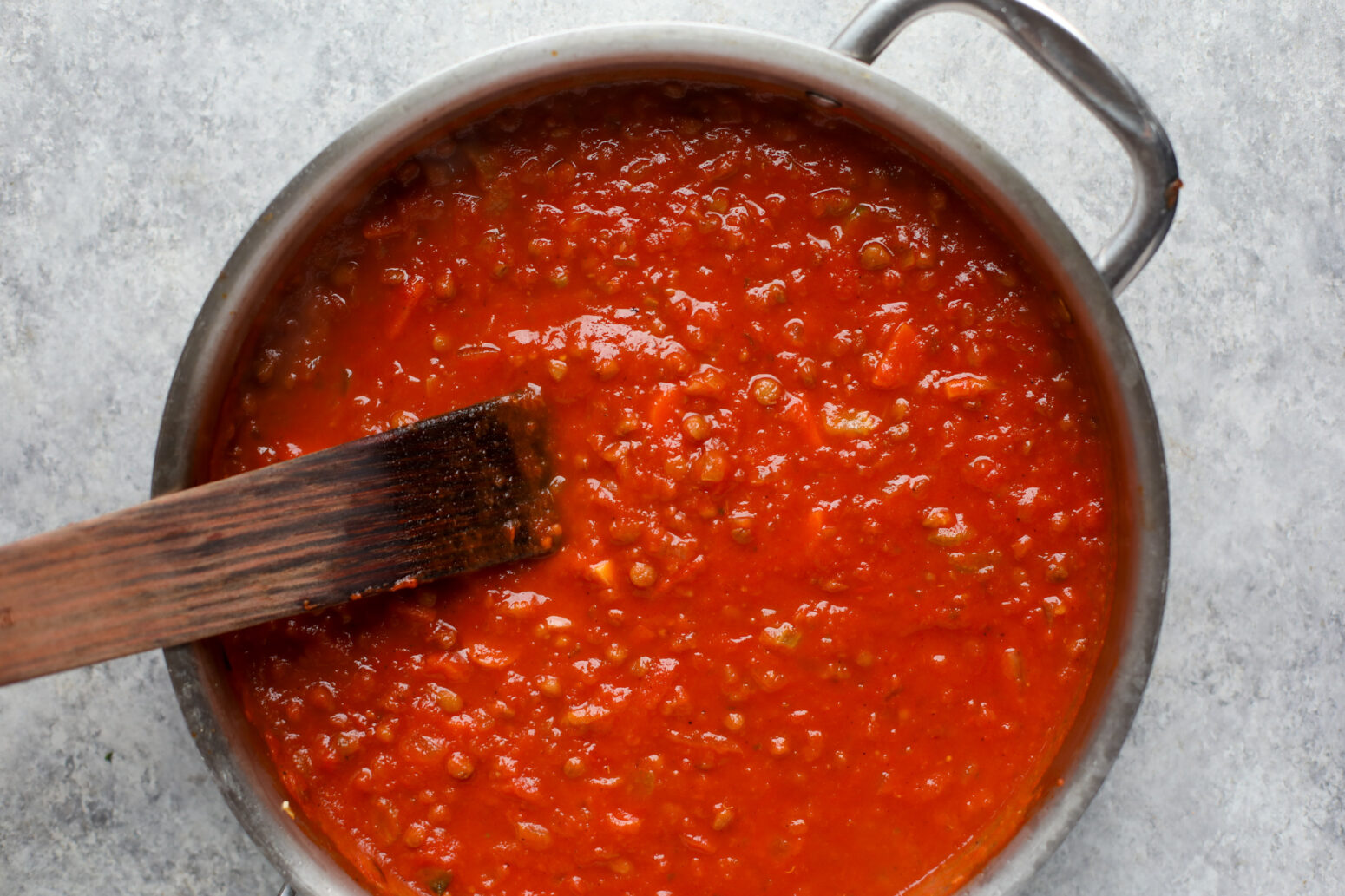lentil pasta sauce in a pan
