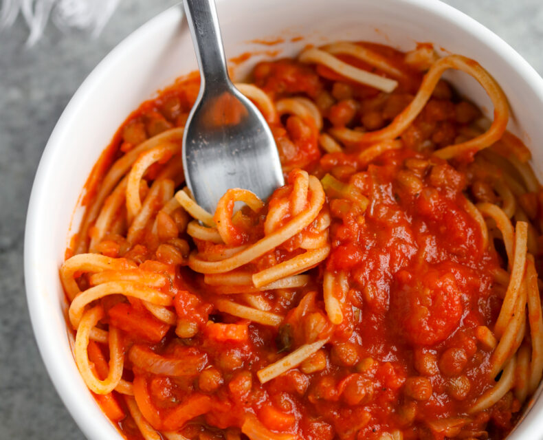 simple lentil pasta sauce with spaghetti