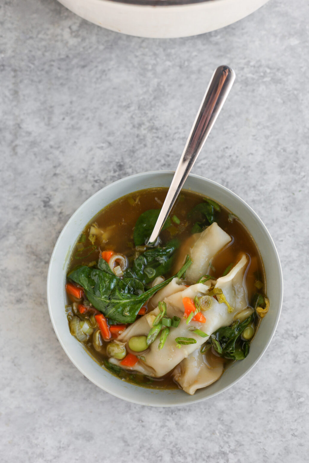 frozen dumpling soup with edamame